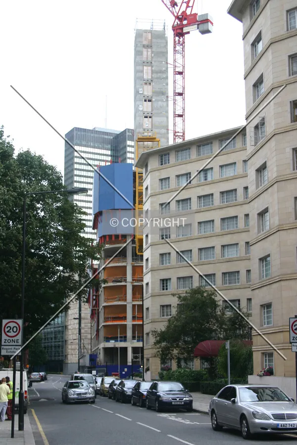 View east along Longford Street showing a partial view of the core and concrete frame
