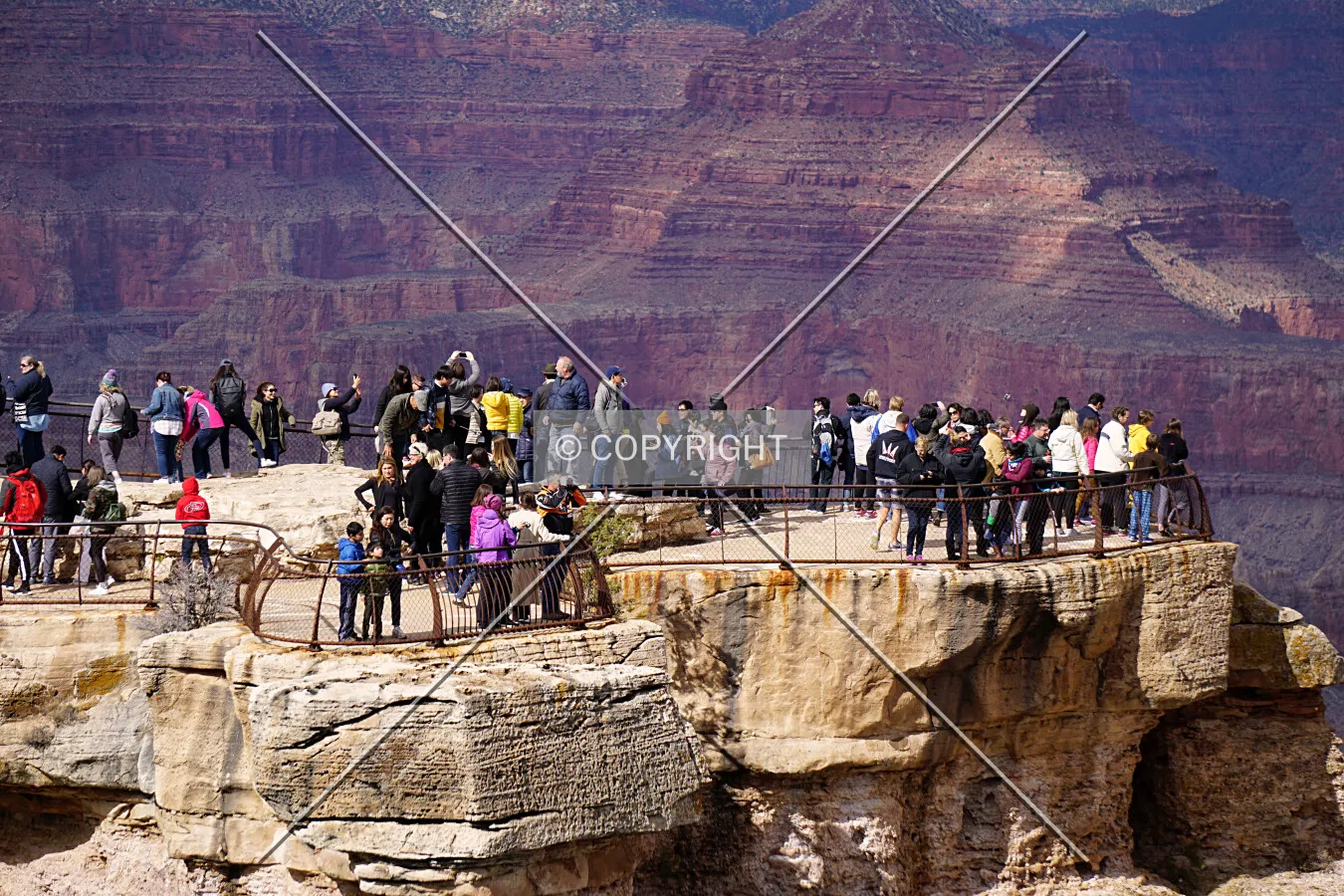People viewing the Grand Canyon from the north side of the Watchtower; February 20, 2017