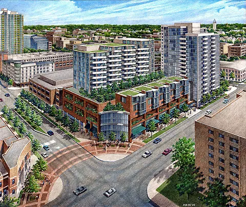Rendered view from the northeast with Carroll Place on the right
