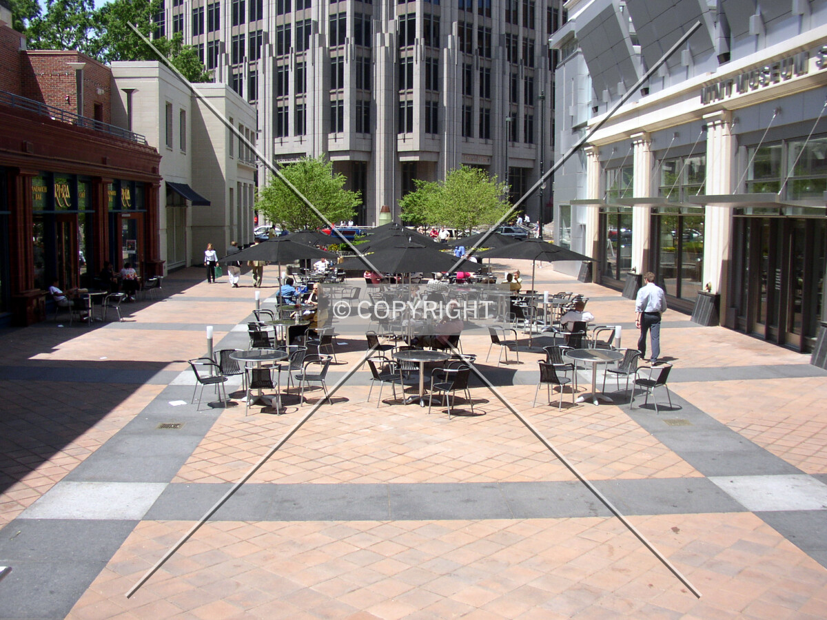Looking west across the Hearst Plaza from the building’s front steps off North Tryon Street