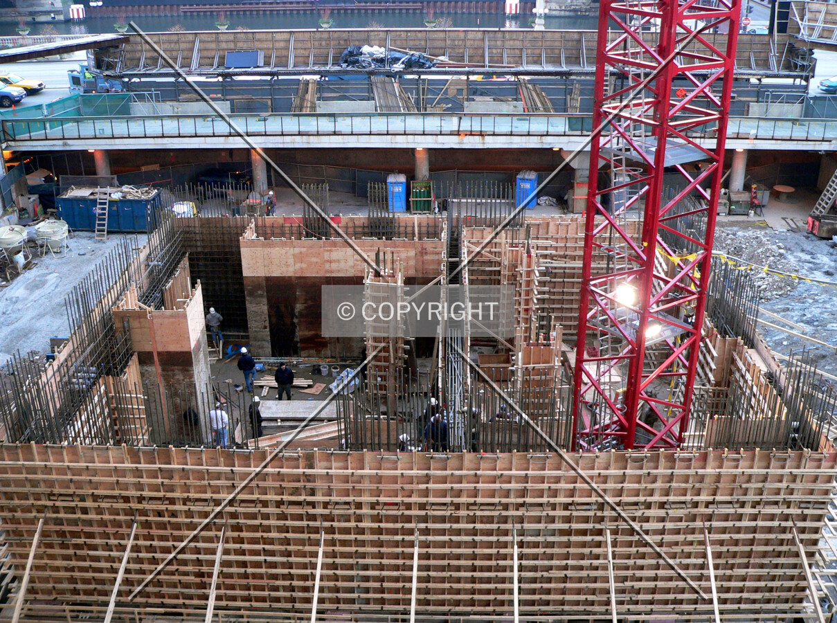 View of the core rising above grade from a nearby parking structure