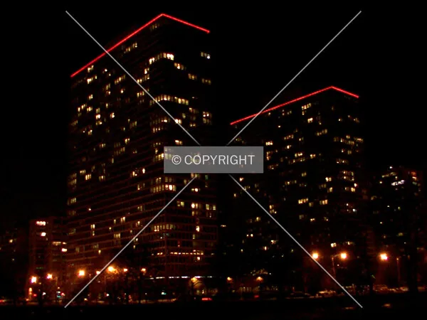 Nighttime view with Christmas lights