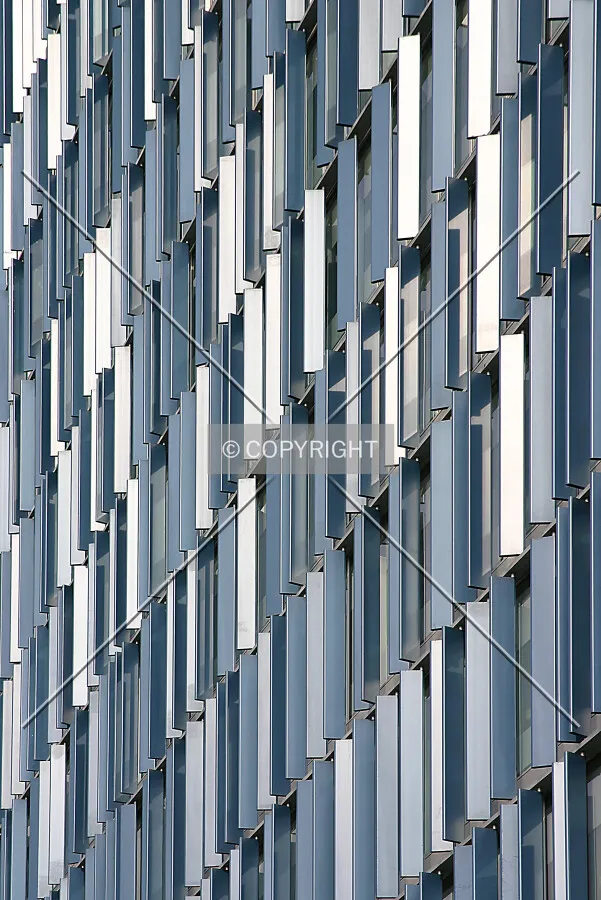 Blue fins on the west façade