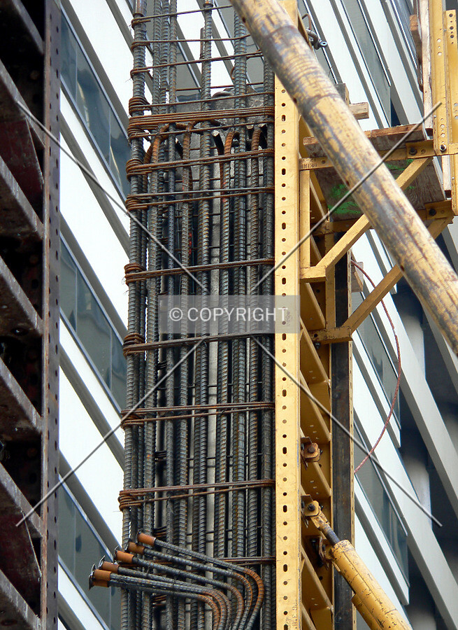 A rebar cage and partial formwork for a rear column