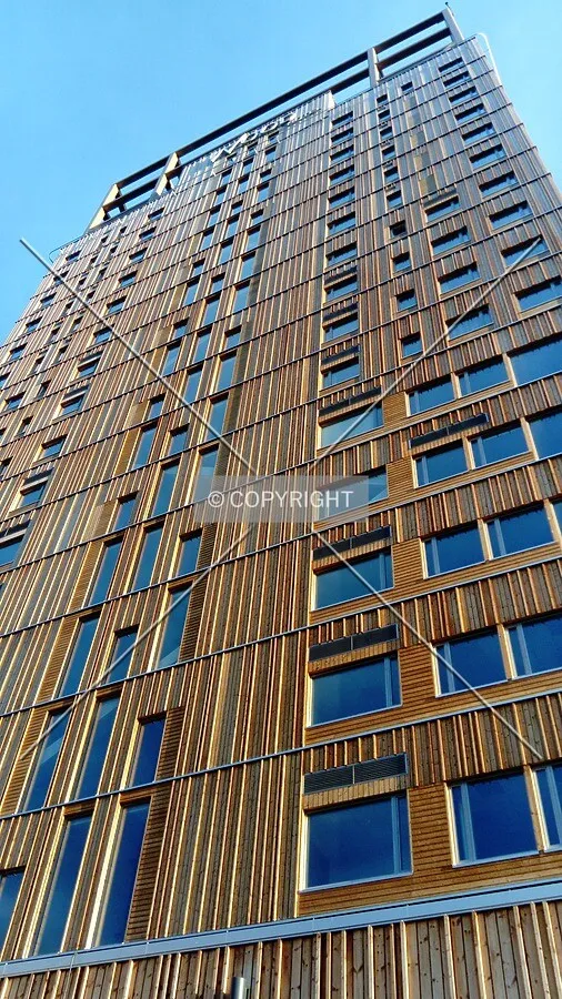 Looking up northeast facade
