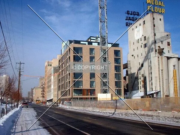 View to the west along 2nd Street, Guthrie Theater construction in foreground