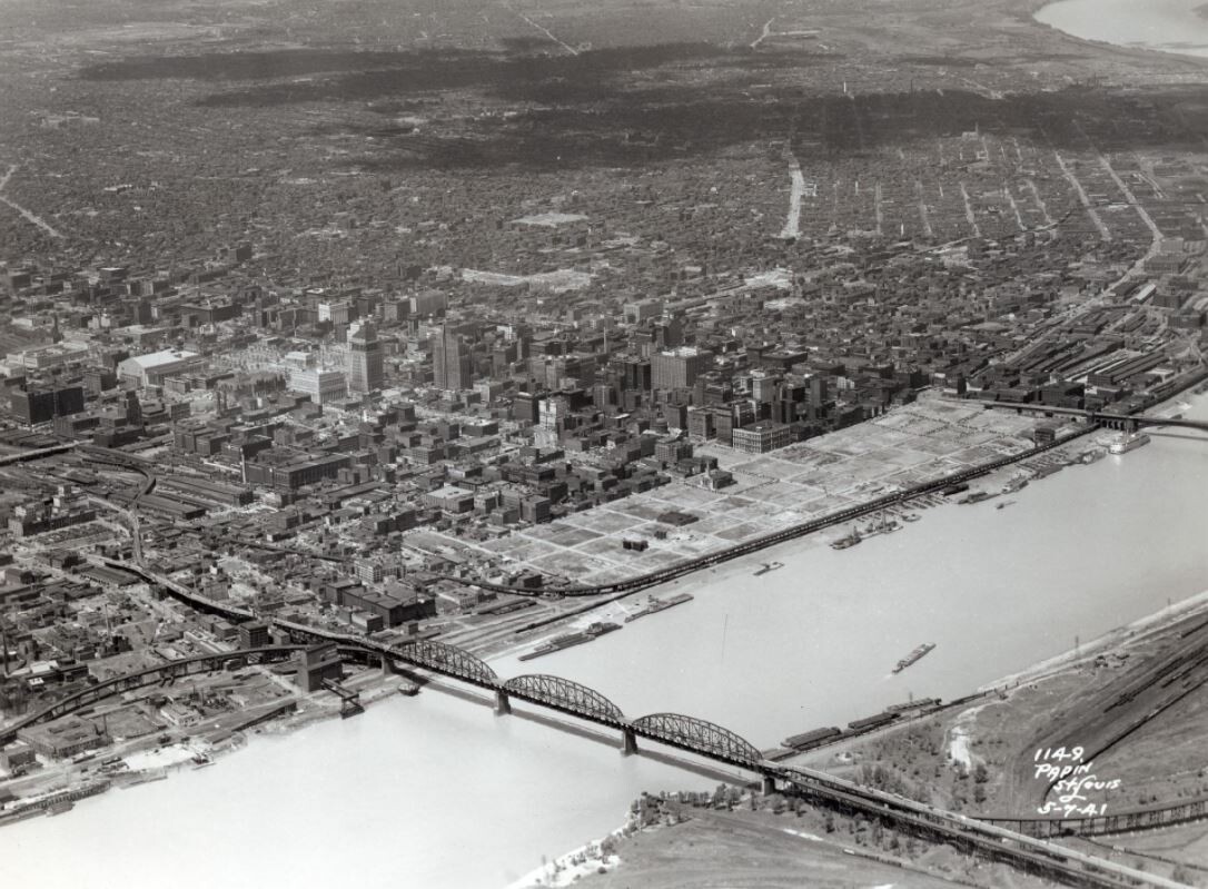 A 1941 view of the St. Louis riverfront which was cleared for the building of the Arch
