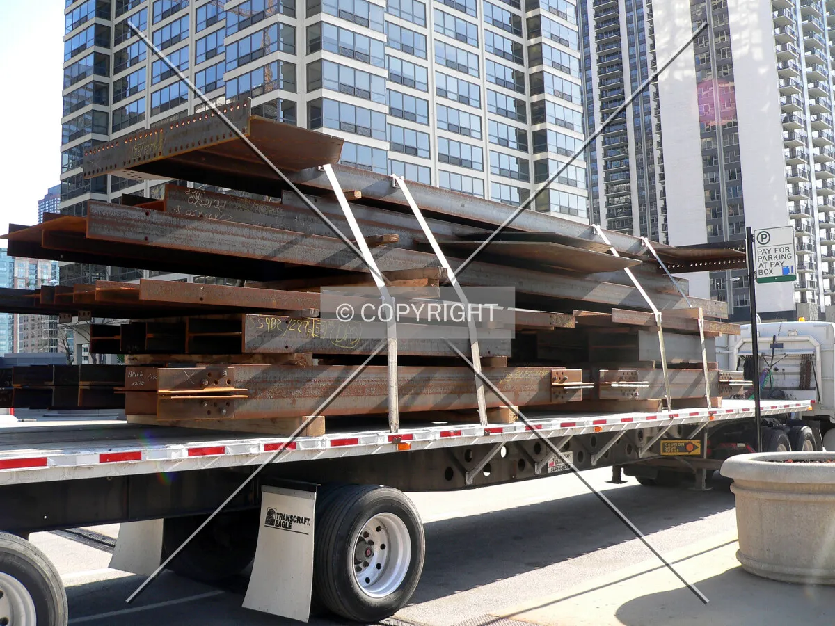 Steel beams on a flatbed truck