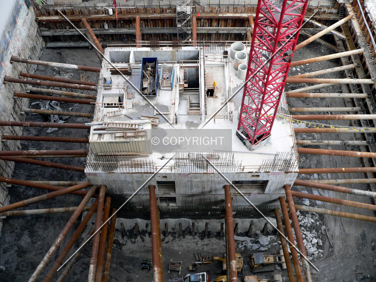 View of the site with several layers of raker beams visible