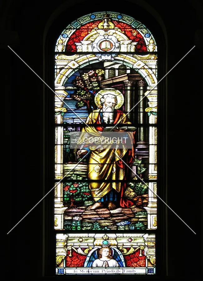 Stained glass window on the side of the main entrance