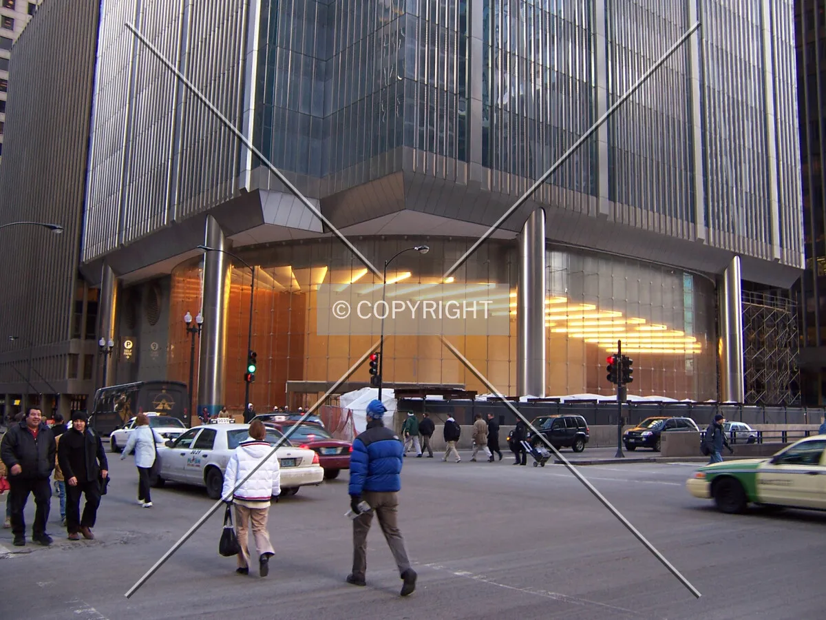 View of the base, from the northwest at the intersection of Wacker Drive and Monroe Street