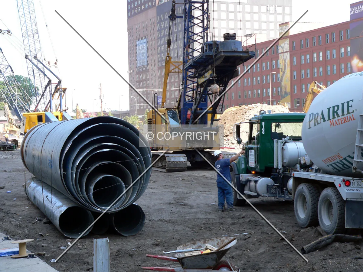 View to the northeast at construction material and equipment