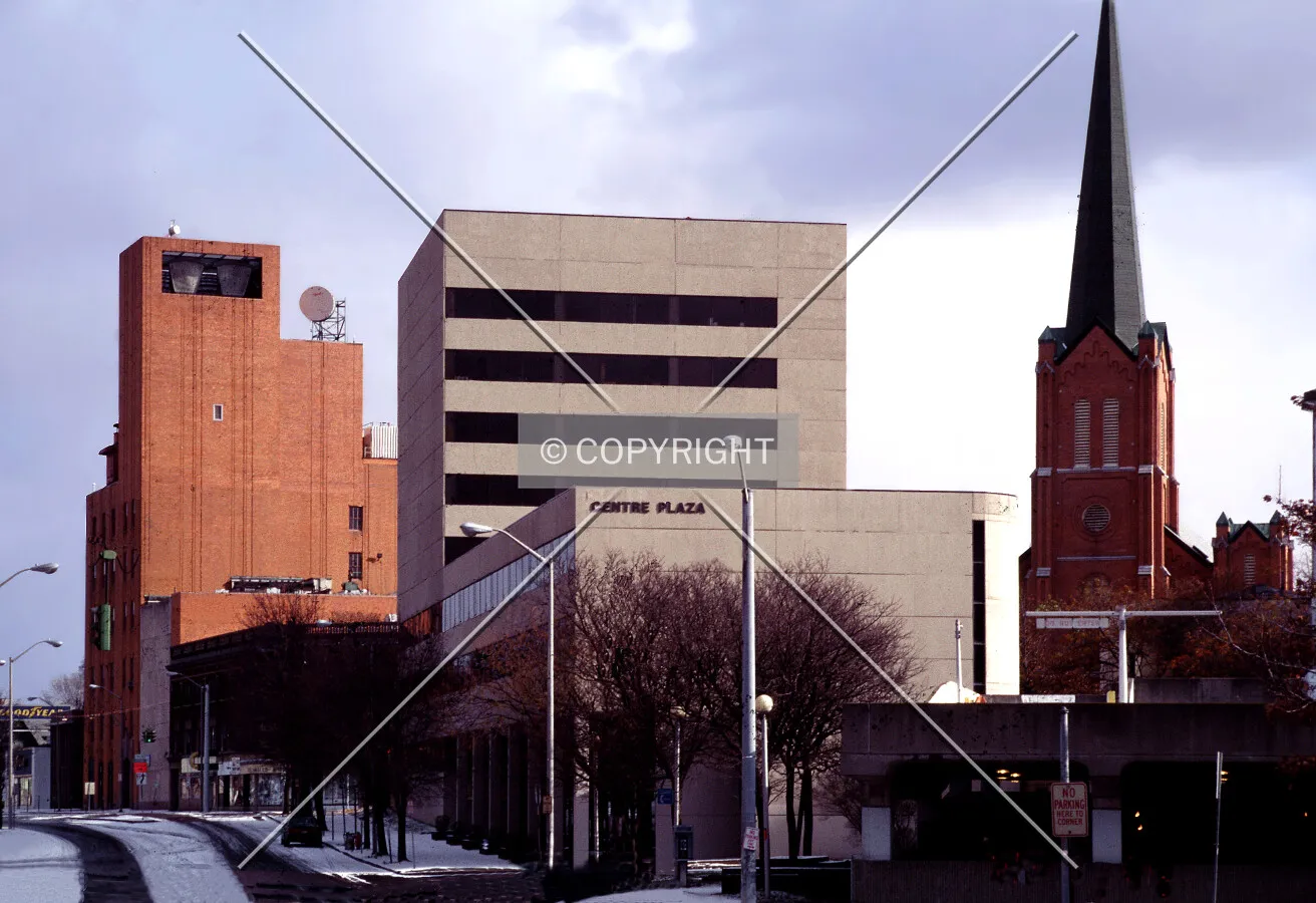 View from the southwest along Henry Street with the Verizon Building and the First Presbyterian Church