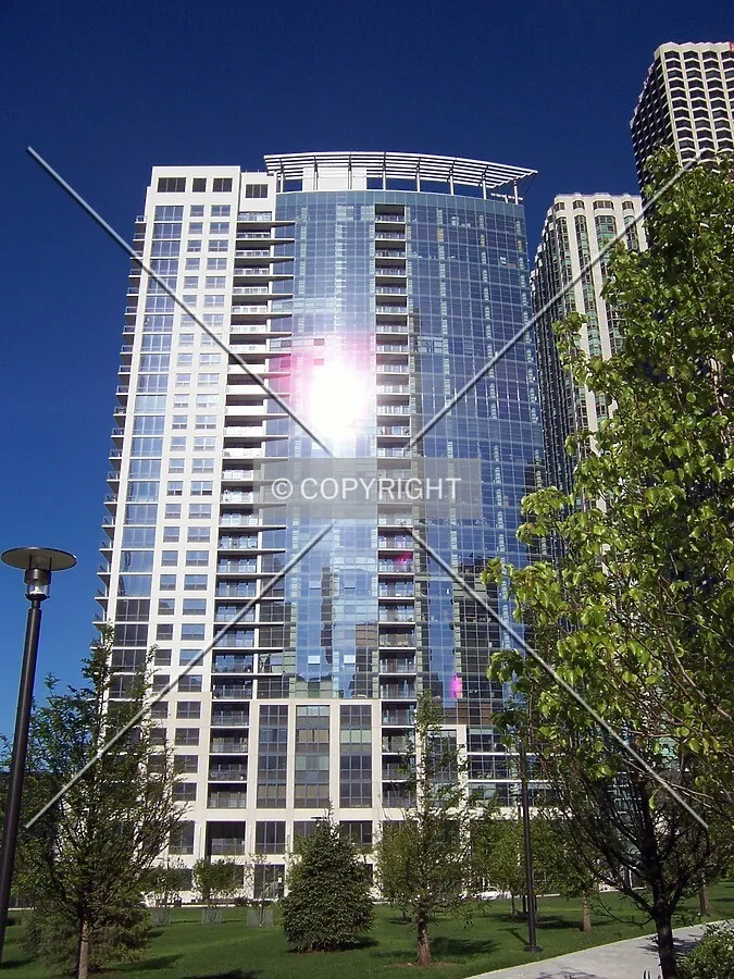 Looking east from Lake Shore Park, with the western facade gleaming in the sunlight