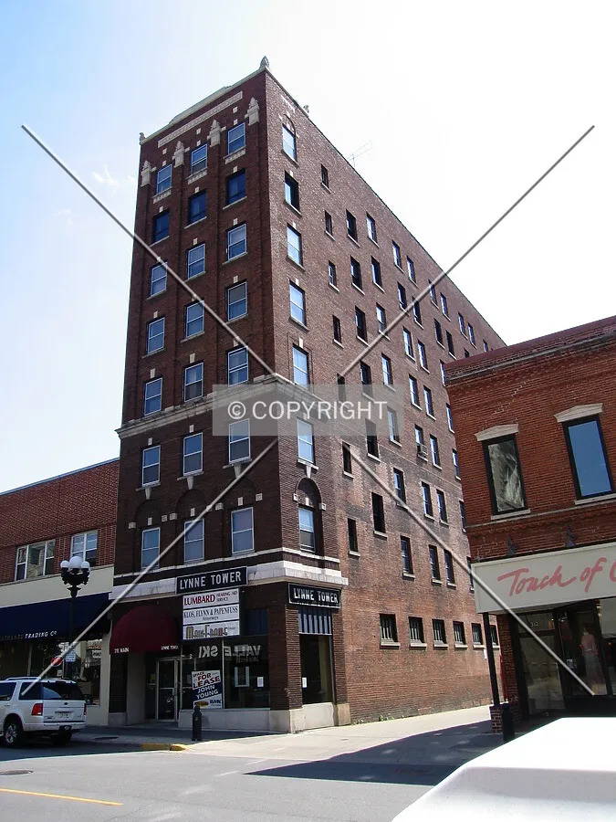 Slender tower dominating Main Street