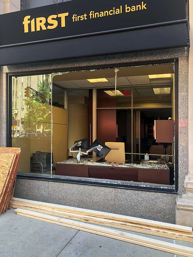 Broken windows from the previous night's protests; May 31, 2020