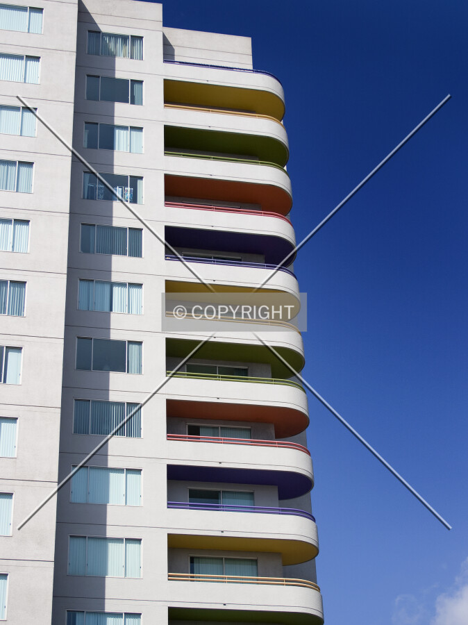 Colorful balconies on the southeast corner