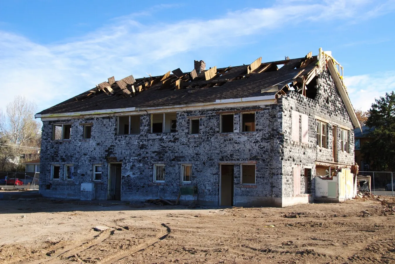View to the southeast as an existing building is demolished