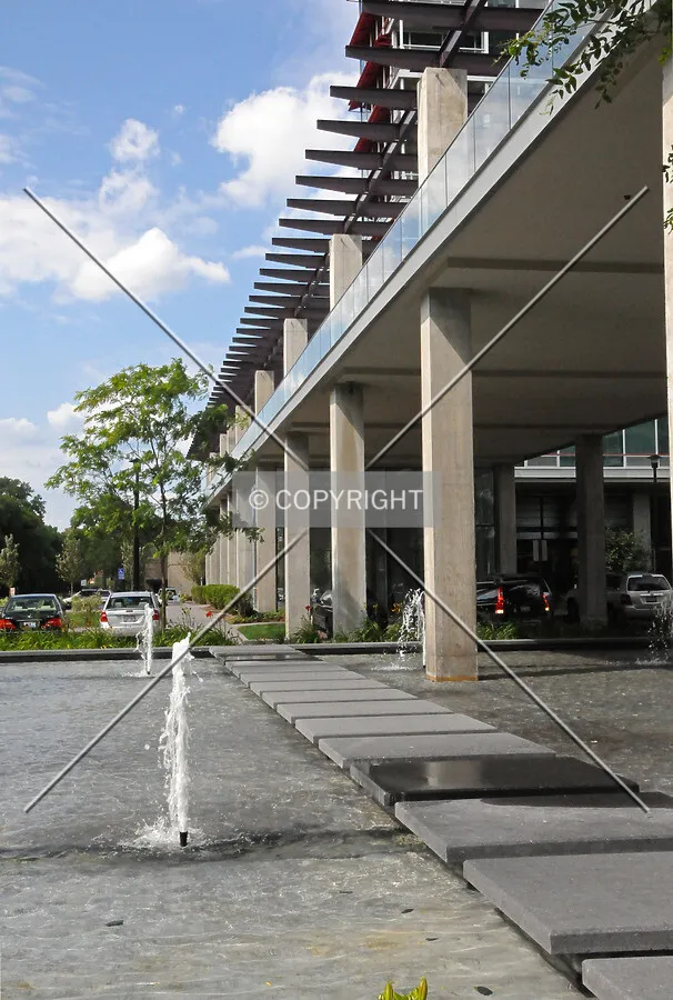 Looking north across the fountain pool in the center of the motor court