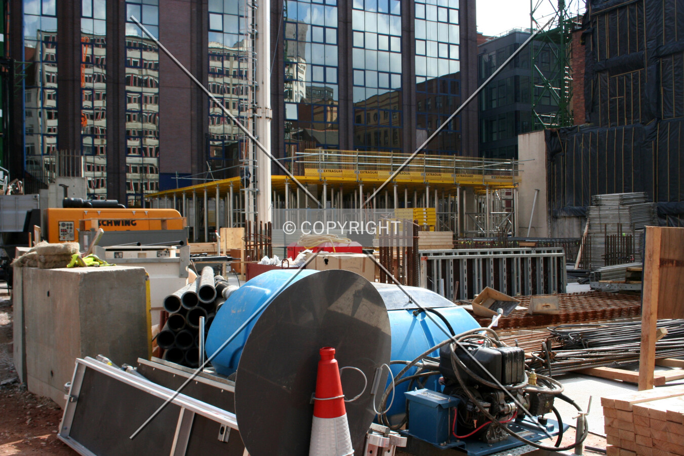Looking into the site at the construction progress