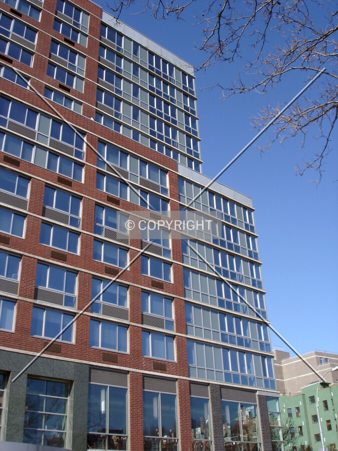 Looking up at the north end of the east facade