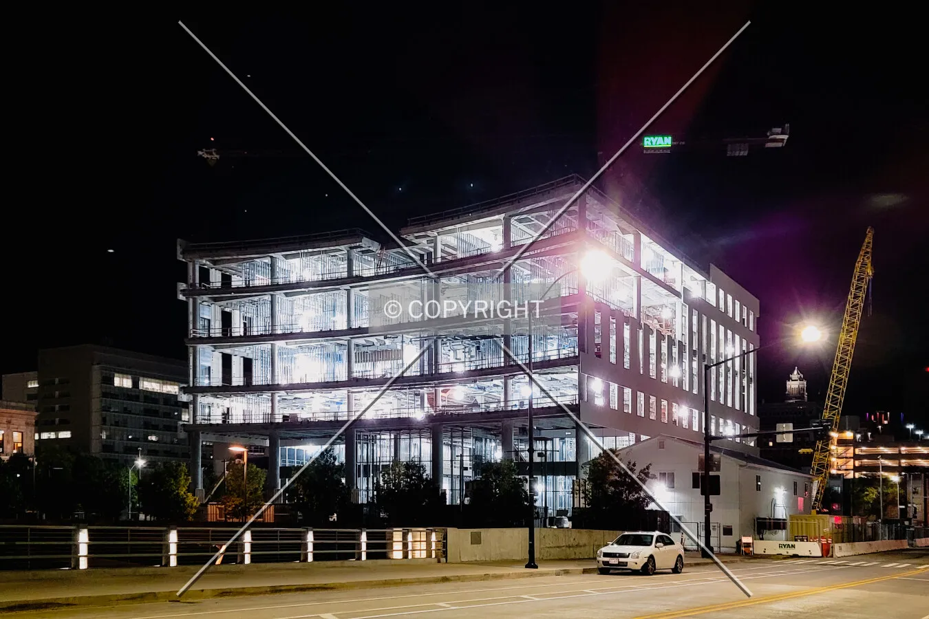From the northeast at night during construction; September 25, 2021