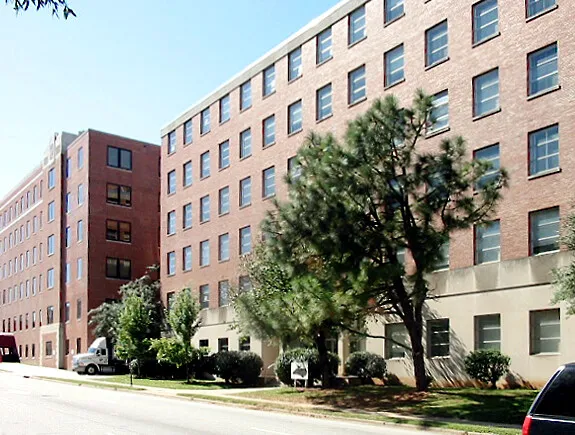 View from the northeast along McDowell Street with the Caswell Building at left