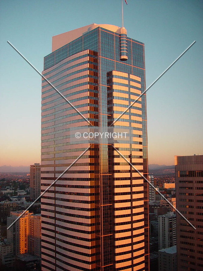 Sun setting on one of Seattle's most stunning skyscrapers