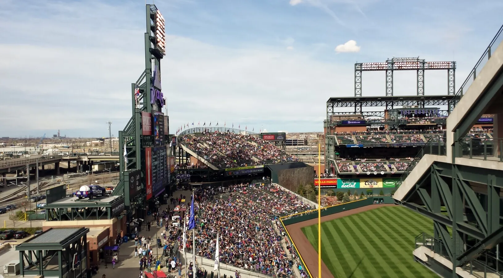 Looking northeast at the Rockpile seats and scoreboard