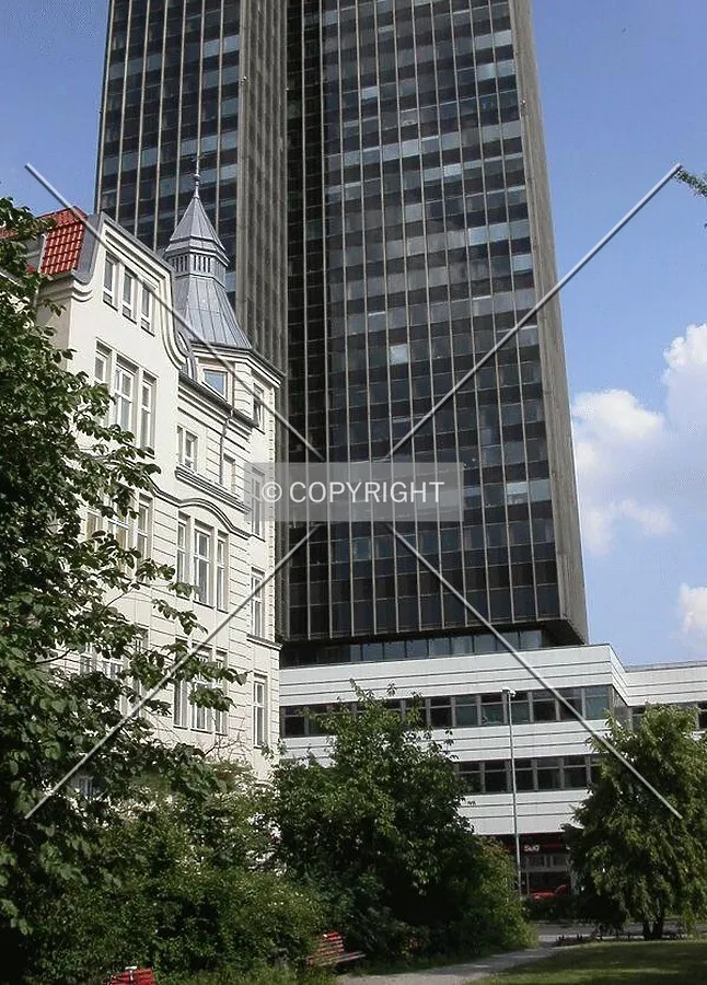 View from street level of the western side of the building