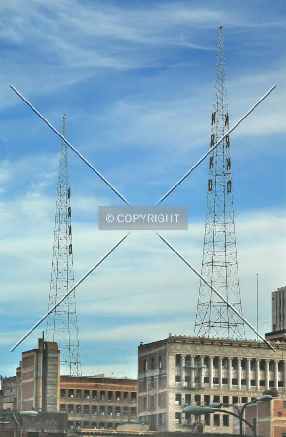 The twin KRKO towers on top of the building