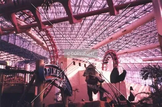 Adventuredome interior with roller coaster, facing east