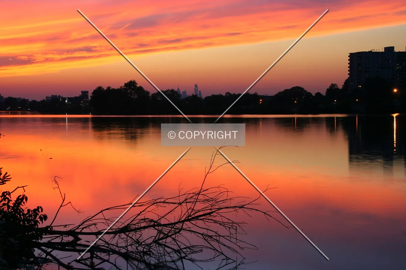 Distant Philadelphia skyline over the Cooper River