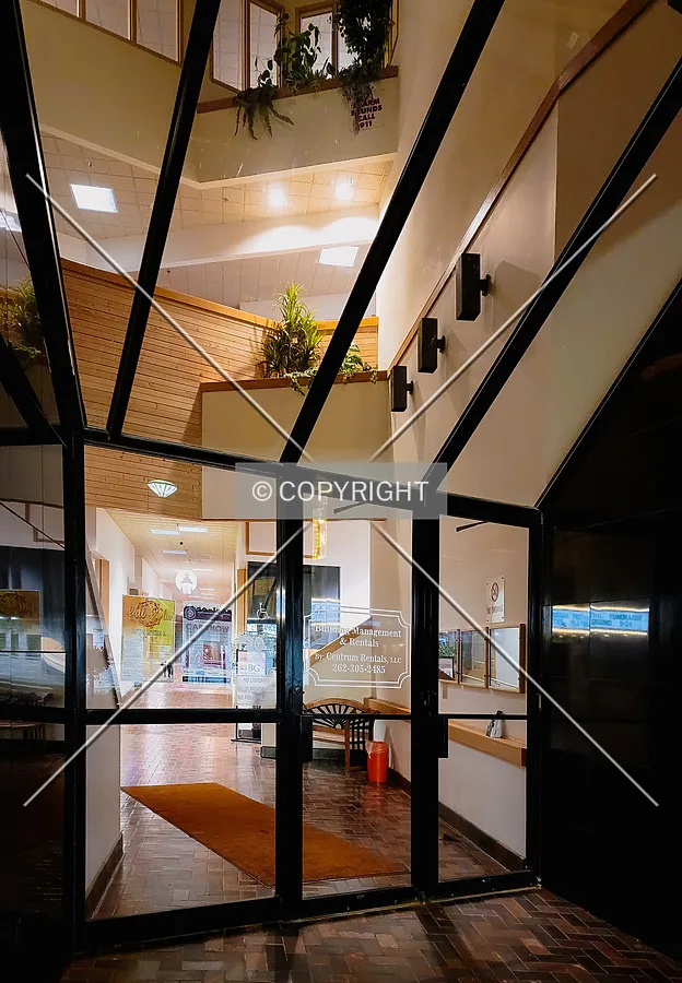 Main entrance at night; September 6, 2021