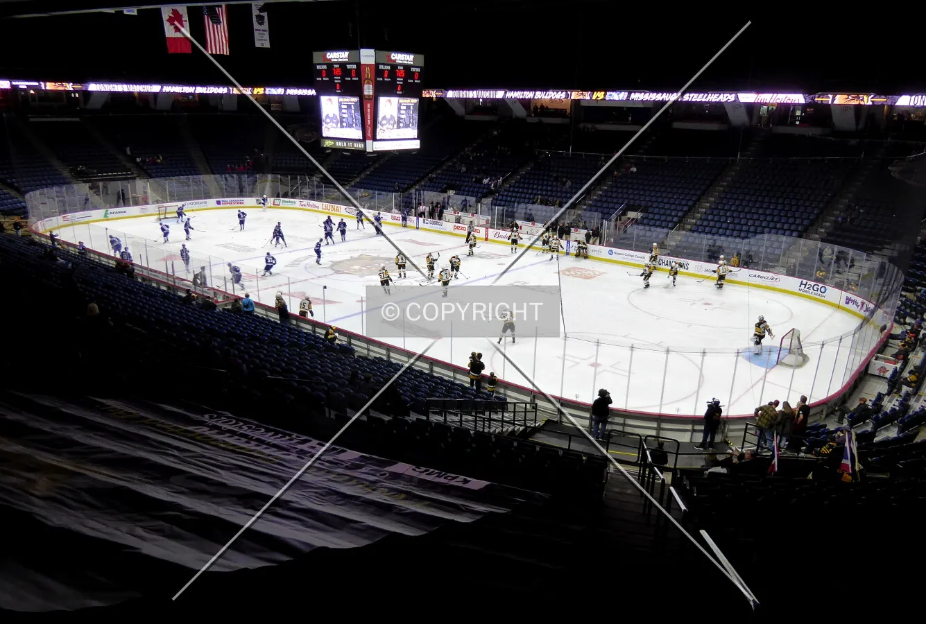 Ice hockey configuration for an OHL game between the Hamilton Bulldogs and the Mississauga Steelheads
