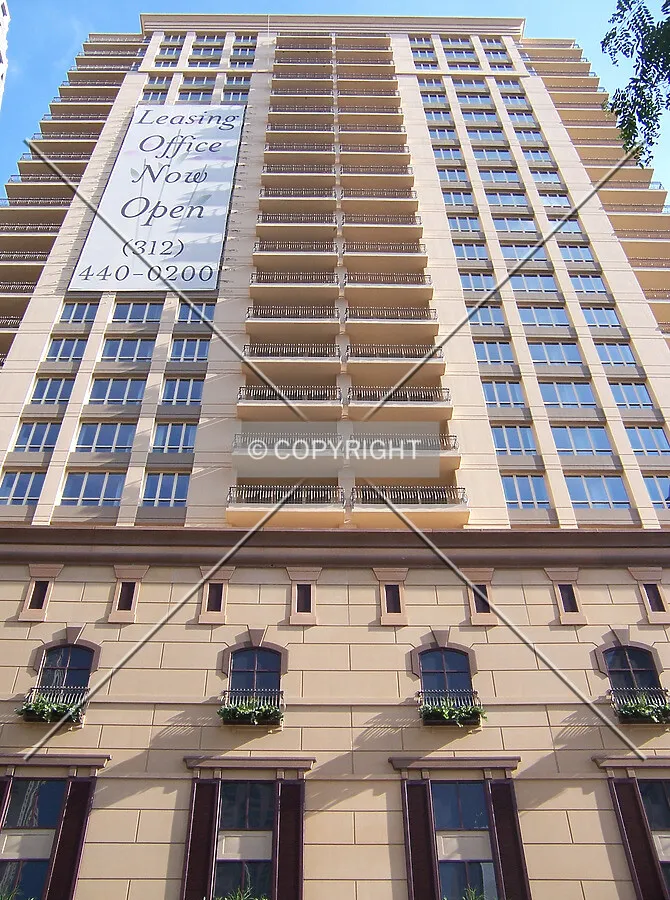 Looking up the north façade from Chicago Avenue