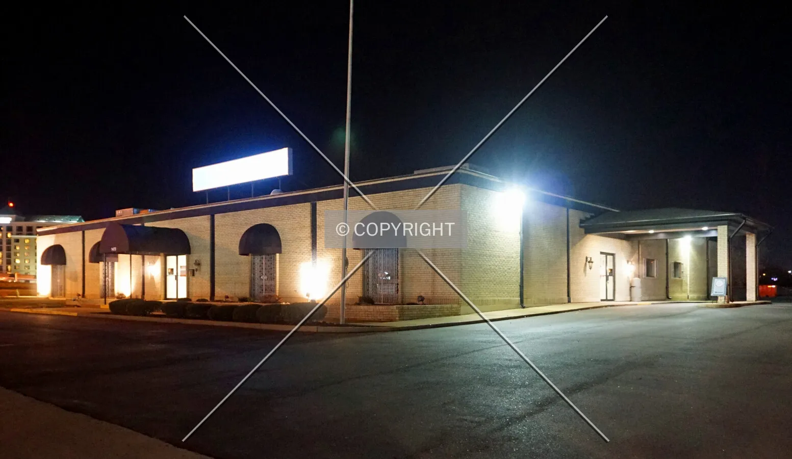 Night view from the northeast; December 16, 2017