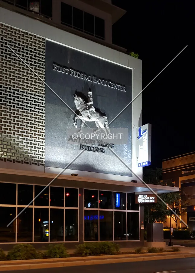 Southwest corner at night; August 10, 2019