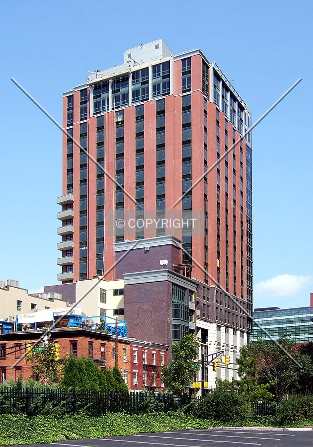 View from the southeast showing completed facades
