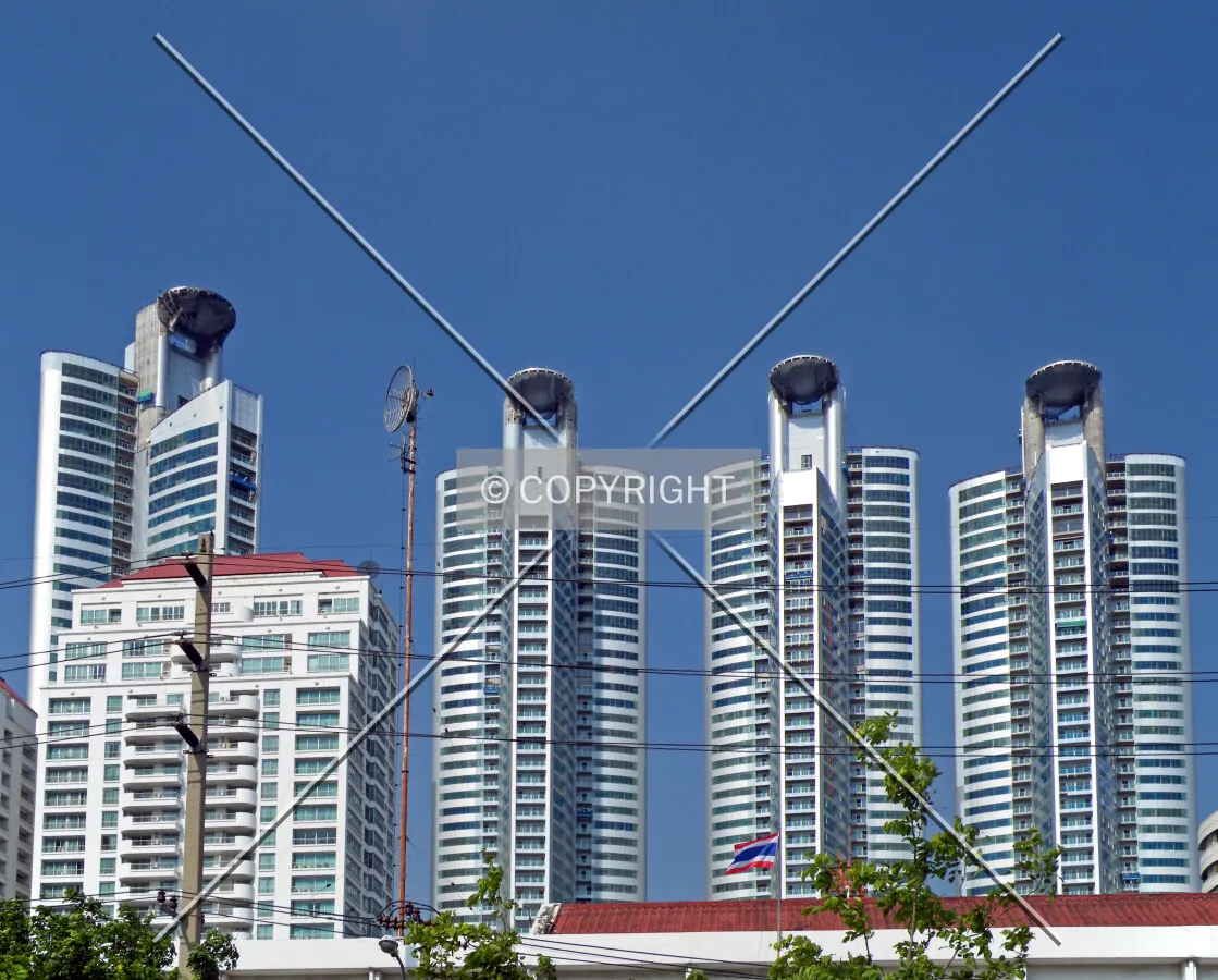 View of the complex with Tower 4 on the right as seen from the west