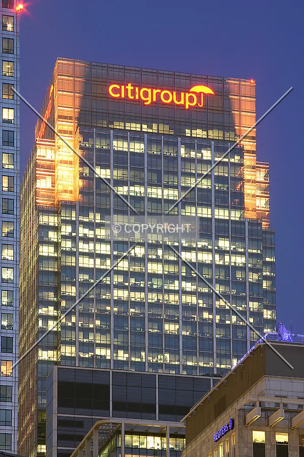 View east from Cabot Square at night