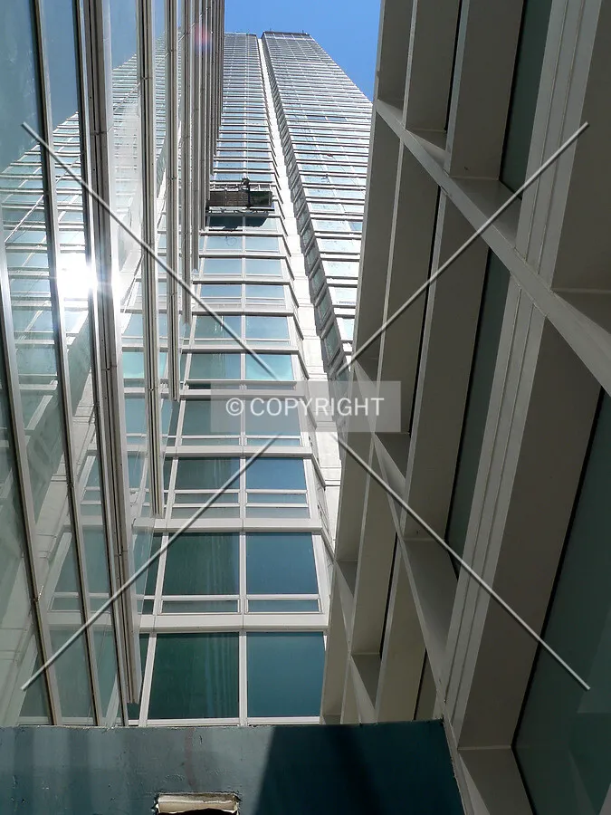 View up an internal corner where the parking structure meets the tower