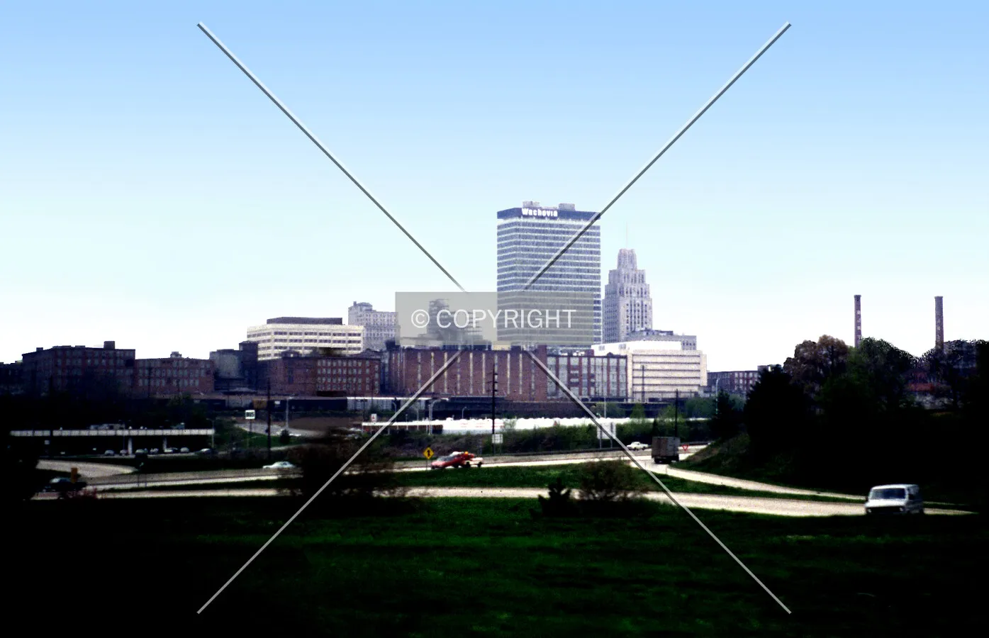 Downtown from the southeast during construction of the GMAC Tower (Integon Building)
