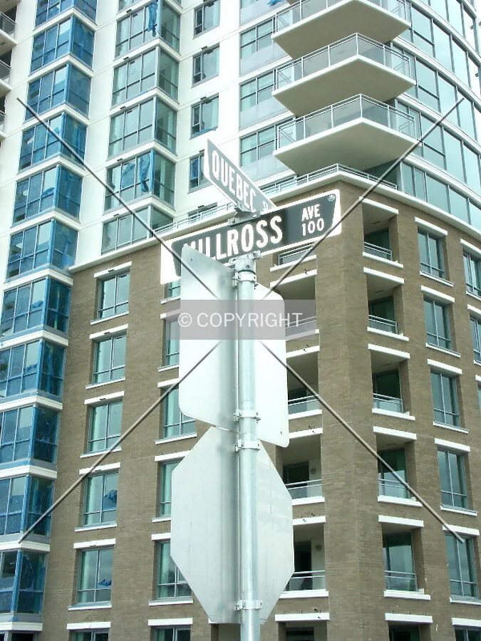 Milross Avenue street sign, named after pioneer W.T. Milross, spelled incorrectly