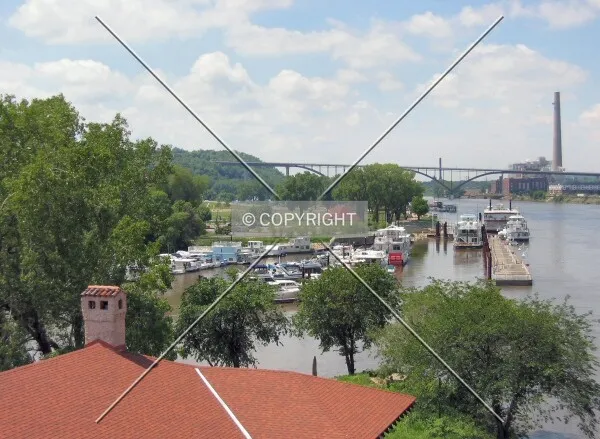 Harriet Island Park from the Raspberry Island/Wabasha Street Bridge stairs, High Bridge in the background