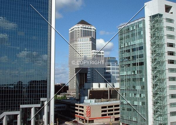 View from the Leamington Ramp, Campbell Mithun Tower and AMEX Client Service Center in foreground