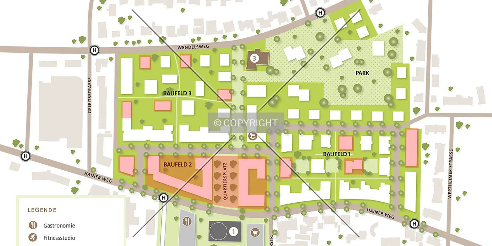 Quartier am Henninger Turm - Stadtgärten site plan - red-colored buildings were designed by Baufrösche architects