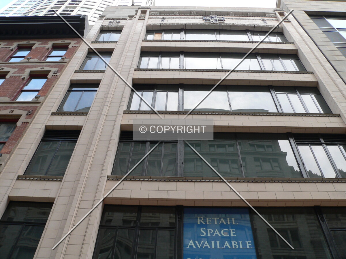 Looking up at one of the restored facades on the Wabash Avenue side (A)