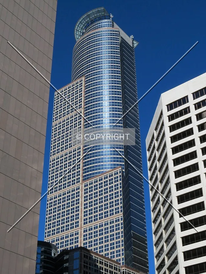 View to the west from Government Plaza, rising between the Hennepin County Government Center and US Bank Plaza