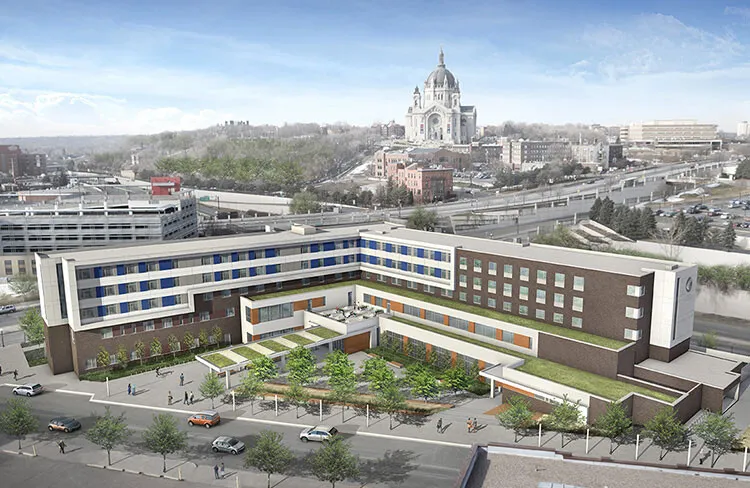 Rendered view to the west, toward the Cathedral of St. Paul